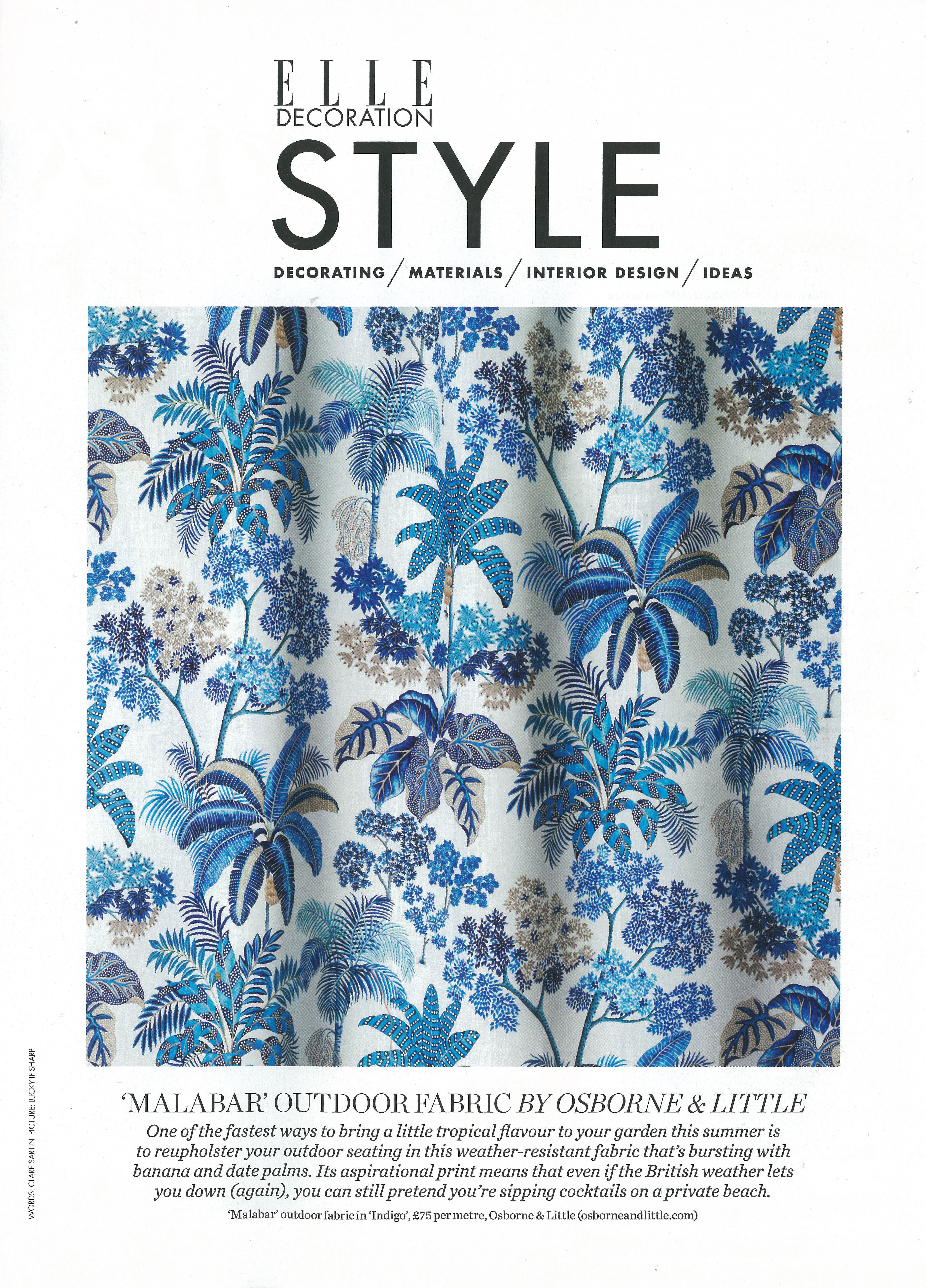 Blue malabar outdoor fabric in Elle decoration uk Style section